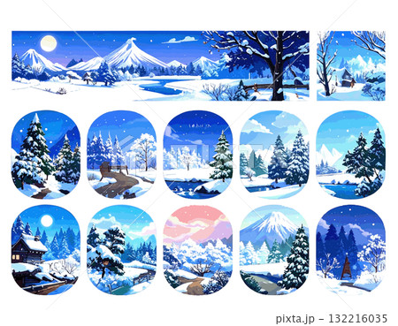 冬に雪が降る森や景色のイラストセット 冬に雪が降る森や景色のイラストセット 132216035
