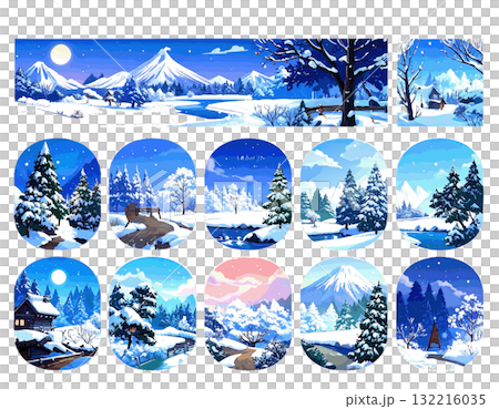 冬に雪が降る森や景色のイラストセット 冬に雪が降る森や景色のイラストセット 132216035