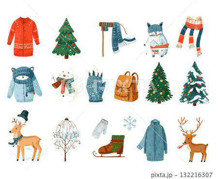 クリスマスのかわいい手描きイラストセット 132216307