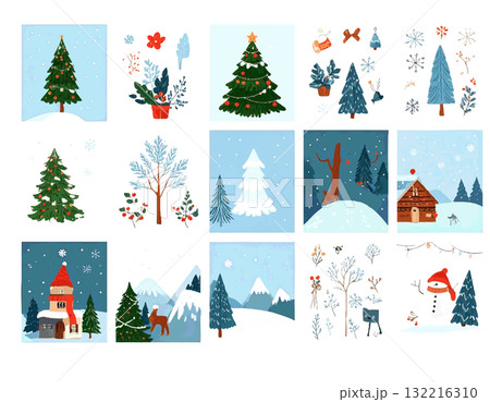 クリスマスや冬の森のイラストセット クリスマスや冬の森のイラストセット 132216310