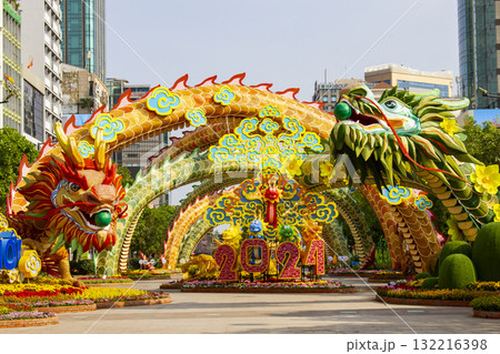 Decoration At Main Entrance With Twin Dragons In Nguyen Hue Flower Street Festival, Vietnam. Decoration At Main Entrance With Twin Dragons In Nguyen Hue Flower Street Festival, Vietnam. 132216398