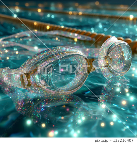 Swimming goggles with sparkling light reflections pool water 132216407