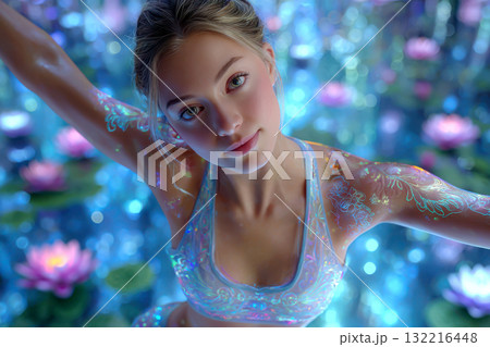 Young woman with glowing body art in magical blue floral setting 132216448