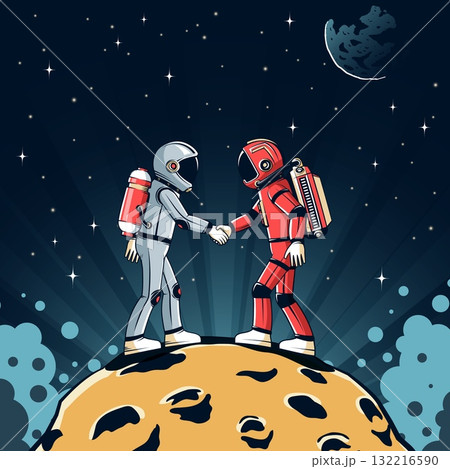 Two astronauts shaking hands on moon surface 132216590