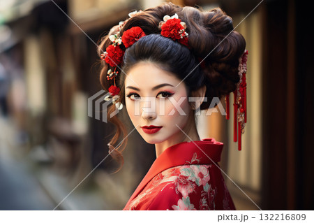 a beautiful woman posing in dress with floral pattern, Kyoto traditional old street scenes 132216809