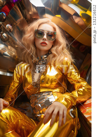 woman dressed in gold and wearing sunglasses, pop art bright colors, azure and amber, lens flares 132216812