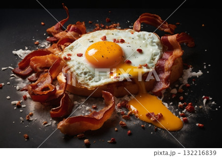 fried eggs with bacon and herbs, delicious breakfast, still life on a dark background 132216839
