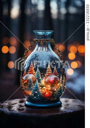 tiny glass gifts and decorations in the winter forest, decorated for Christmas or New Year's holiday, garlands, a fairy-tale environment tiny glass gifts and decorations in the winter forest, decorated for Christmas or New Year's holiday, garlands, a fairy-tale environment 132216850