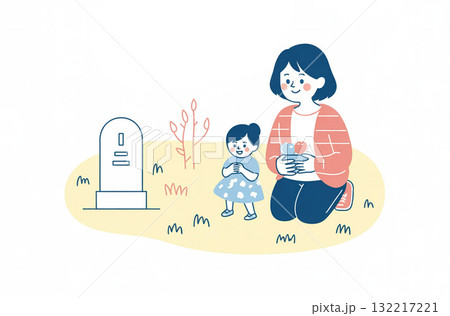 お墓参りの家族　秋分の日／春分の日イメージ 132217221