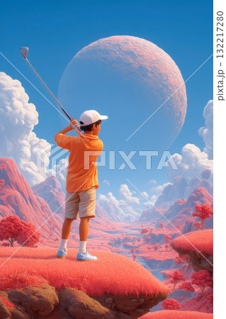 Boy playing golf in surreal pink landscape with large moon 132217280