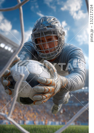 Soccer goalkeeper diving to catch ball with focus and determination Soccer goalkeeper diving to catch ball with focus and determination 132217284
