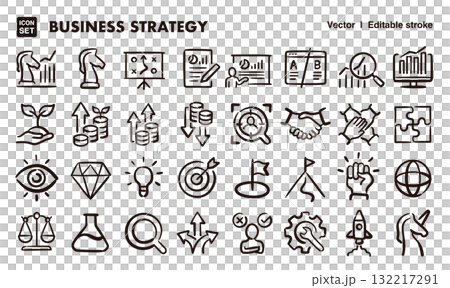 商業策略，手繪圖示插圖集。 EPS 版本可編輯以變更線條粗細等。 132217291