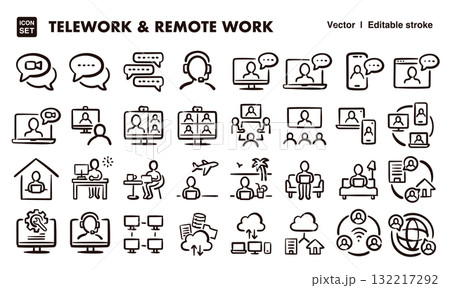 テレワーク、リモートワークの手描きアイコンイラストセット　EPS版は線の太さ等編集可能 132217292