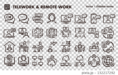 テレワーク、リモートワークの手描きアイコンイラストセット　EPS版は線の太さ等編集可能 132217292