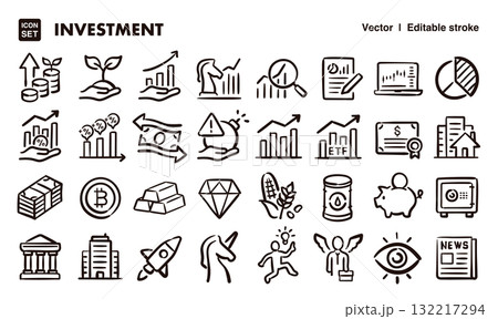 投資、ビジネスの手描きアイコンイラストセット EPS版は線の太さ等編集可能 投資、ビジネスの手描きアイコンイラストセット EPS版は線の太さ等編集可能 132217294