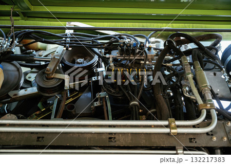 Close-up view of complex industrial machinery and equipment Close-up view of complex industrial machinery and equipment 132217383