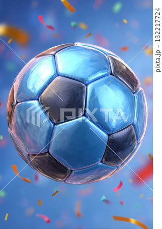 Blue and black soccer ball with colorful confetti celebration 132217724