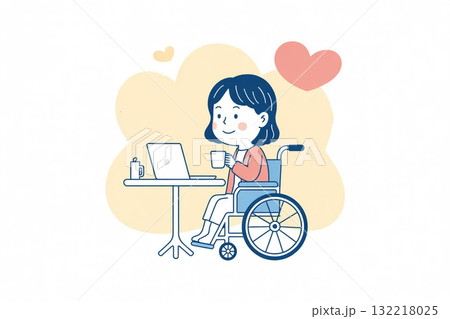 車いすでノートPCで作業している女性 132218025
