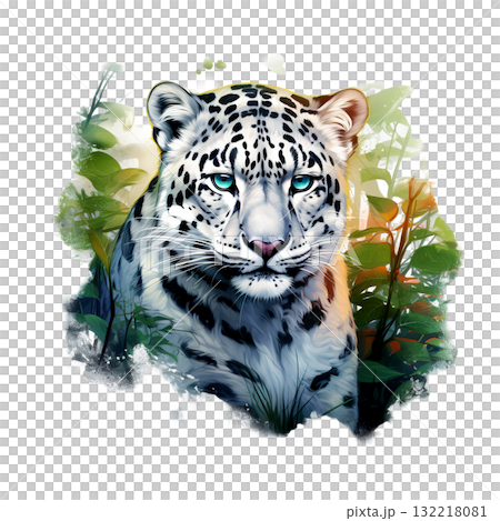 Beautiful snow leopard with piercing blue eyes framed by soft jungle foliage, created in a gentle, atmospheric digital watercolor style. 132218081