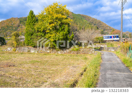 晩秋の利神城　山麓屋敷の石垣と智頭急行　兵庫県佐用郡佐用町 132218383