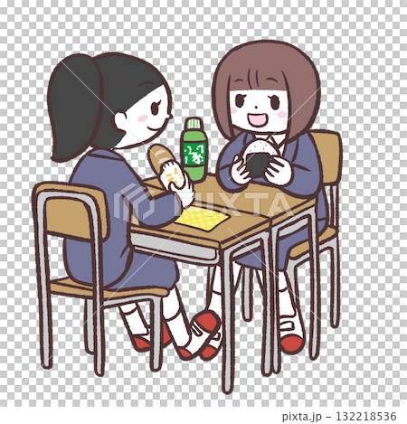 女孩們在學校教室裡吃午餐的插圖 132218536