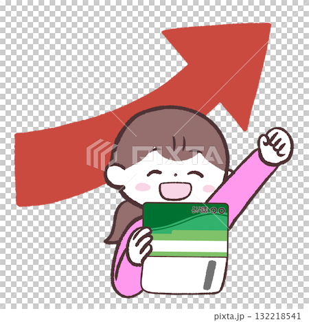 Illustration of a woman looking at her bankbook with joy Illustration of a woman looking at her bankbook with joy 132218541