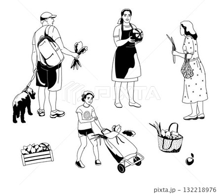 standing isolated peoples shopping at a farmer's market, man with dog, woman with basket, vendor holding watermelon, boy with grocery cart, outline black and white vector illustration standing isolated peoples shopping at a farmer's market, man with dog, woman with basket, vendor holding watermelon, boy with grocery cart, outline black and white vector illustration 132218976