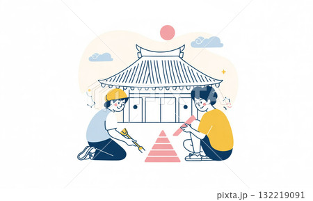 神社の屋根を補修する職人、裏側の維持管理風景 神社の屋根を補修する職人、裏側の維持管理風景 132219091