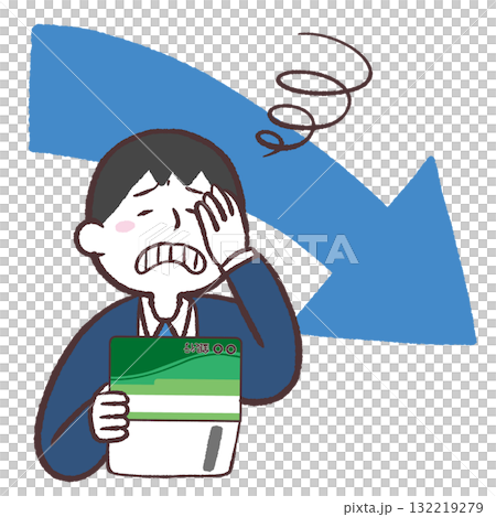 Illustration of a man looking disappointed at his bankbook 132219279