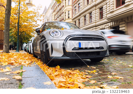 Moody scenic front head light view modern grey car windshield covered golden yellow fallen leaves parked wet city street autumn rainy day. Overcast sky rain road drive. Seasonal weather conditions Moody scenic front head light view modern grey car windshield covered golden yellow fallen leaves parked wet city street autumn rainy day. Overcast sky rain road drive. Seasonal weather conditions 132219463