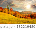 mountain landscape in autumn at sunset. beautiful view with trees in colorful foliage. picturesque rural place in alps in evening light. countryside scenery 132219480