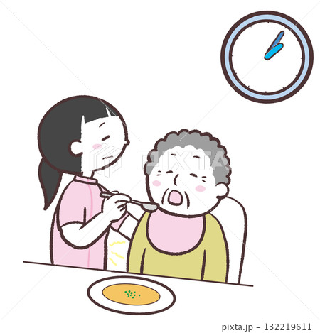 高齢者に食事をサポートする女性スタッフが疲れているイラスト 132219611
