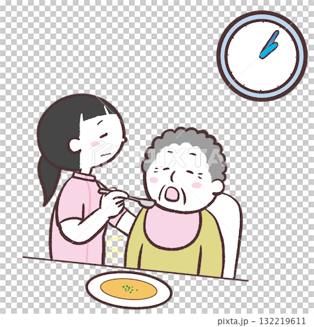 高齢者に食事をサポートする女性スタッフが疲れているイラスト 132219611