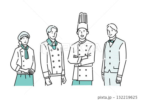 レストランのコック、シェフ,パティシエ、ウェイターのユニフォームー服装ーチームのイラスト素材 レストランのコック、シェフ,パティシエ、ウェイターのユニフォームー服装ーチームのイラスト素材 132219625