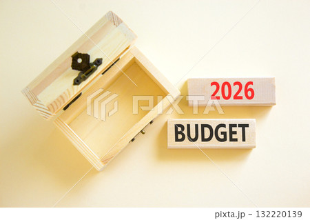 2026 Budget symbol. Concept words 2026 Budget on beautiful wooden blocks. Beautiful white paper background. Beautiful empty wooden chest. Business and 2026 budget concept. Copy space. 2026 Budget symbol. Concept words 2026 Budget on beautiful wooden blocks. Beautiful white paper background. Beautiful empty wooden chest. Business and 2026 budget concept. Copy space. 132220139