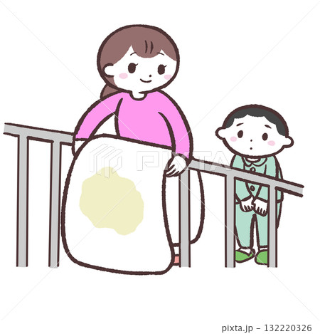 おねしょ布団を干す女性と子供のイラスト おねしょ布団を干す女性と子供のイラスト 132220326