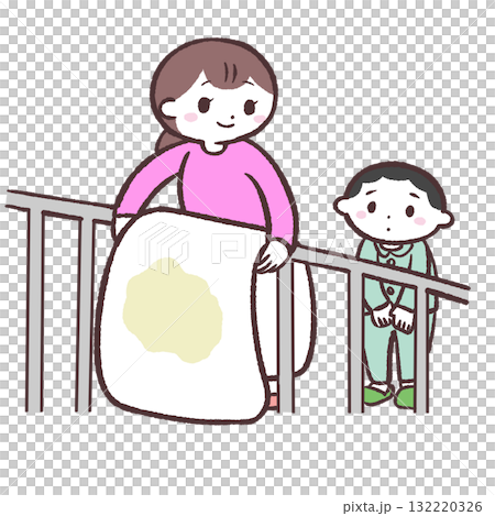 一名婦女和一名兒童正在烘乾尿床的被褥的插圖 132220326