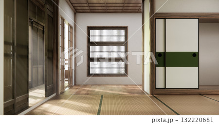 Interior, Empty room with door paper and tatami mat floor room modern style. 3D rendering Interior, Empty room with door paper and tatami mat floor room modern style. 3D rendering 132220681