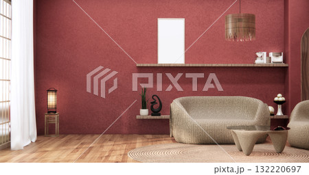 Viva magenta Living room with red wall and armchair japandi style.3D rendering Viva magenta Living room with red wall and armchair japandi style.3D rendering 132220697