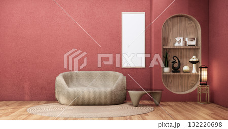 Viva magenta Living room with red wall and armchair japandi style.3D rendering Viva magenta Living room with red wall and armchair japandi style.3D rendering 132220698