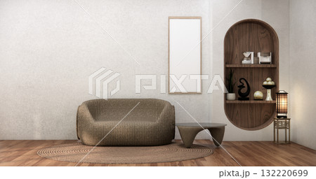 Livingroom with Armchair sofa and table decoration on wabi sabi style. 3D illustration rendering 132220699