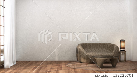 Livingroom with Armchair sofa and table decoration on wabi sabi style. 3D illustration rendering 132220701