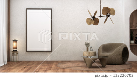 Livingroom with Armchair sofa and table decoration on wabi sabi style. 3D illustration rendering 132220702