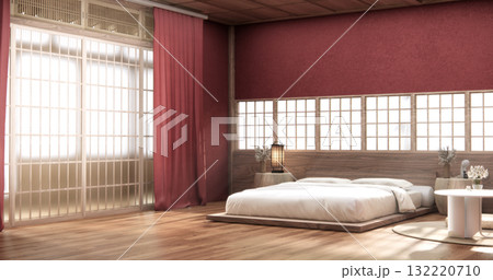 Viva magenta color bedroom japandi design on minimal muji room interior. 3D rendering Viva magenta color bedroom japandi design on minimal muji room interior. 3D rendering 132220710