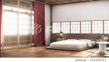 Viva magenta color bedroom japandi design on minimal muji room interior. 3D rendering Viva magenta color bedroom japandi design on minimal muji room interior. 3D rendering 132220711