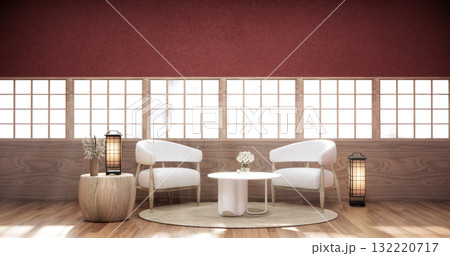 Viva magenta Living room with red wall and armchair japandi style.3D rendering 132220717