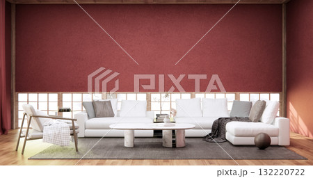 Viva magenta Living room with red wall and armchair japandi style.3D rendering Viva magenta Living room with red wall and armchair japandi style.3D rendering 132220722