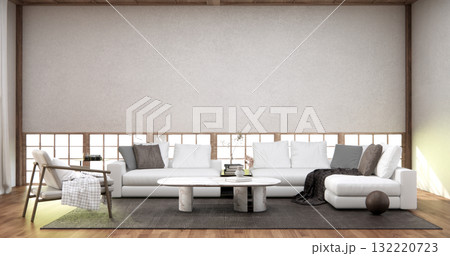 Livingroom with Armchair sofa and table decoration on wabi sabi style. 3D illustration rendering 132220723