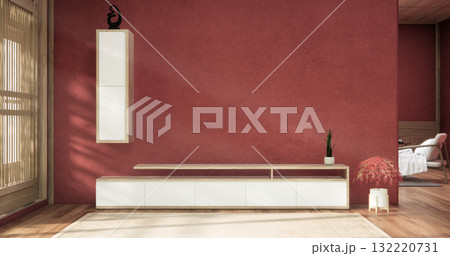 Cabinet on red room wooden interior wabisabi and decoration japanese style.3D rendering Cabinet on red room wooden interior wabisabi and decoration japanese style.3D rendering 132220731