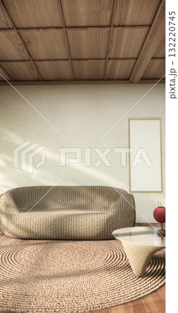 Livingroom with Armchair sofa and table decoration on wabi sabi style. 3D illustration rendering 132220745